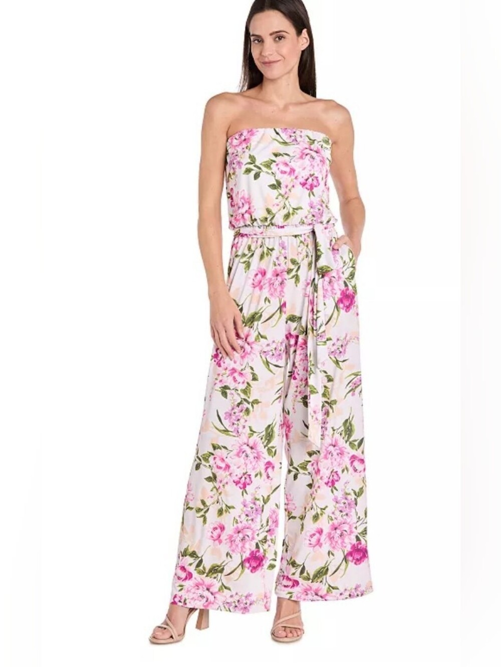 R & M Richards Floral Strapless Wide-Leg Jumpsuit in Pink and Green Size 18